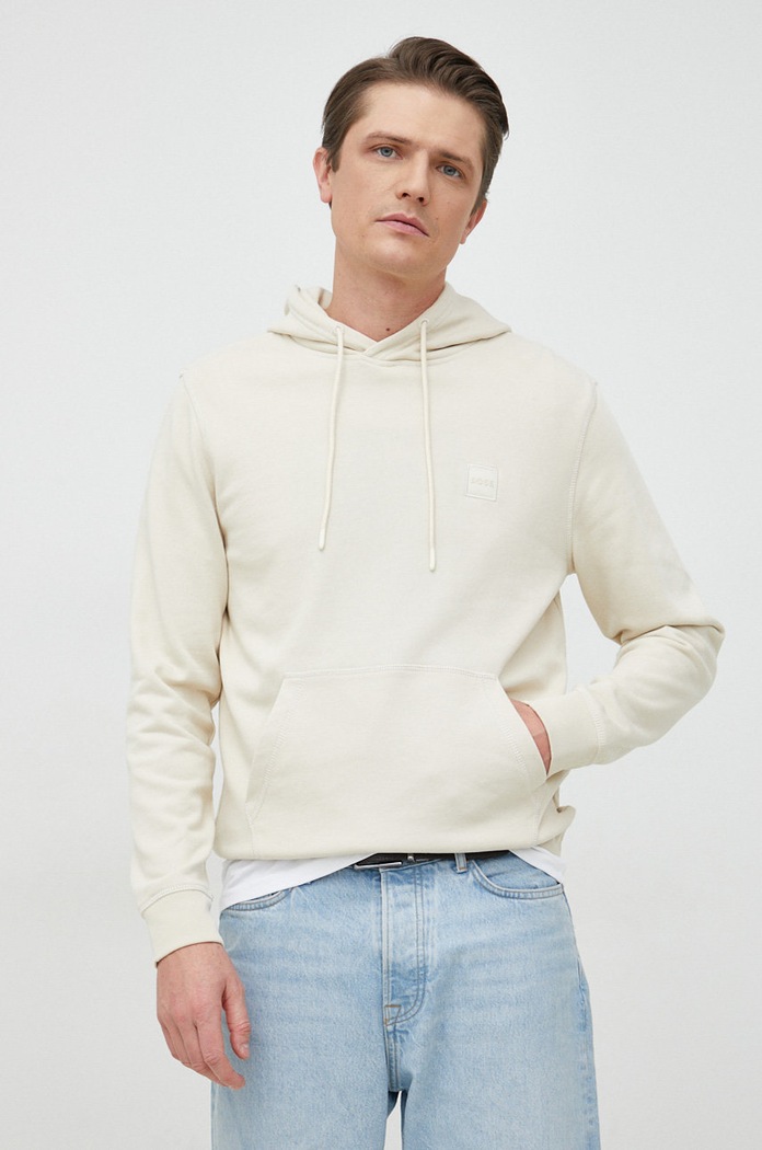 Bavlněná mikina BOSS CASUAL s kapucí béžová 50468445