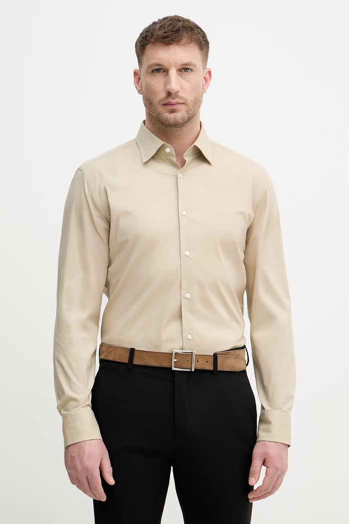 BOSS cămașă bărbați din bumbac cu elastan H-HANK-kent-C1-214 bej 50469345