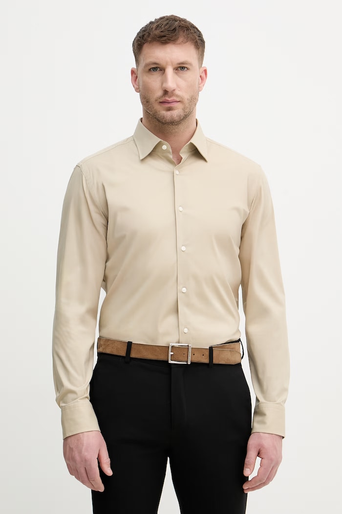 BOSS cămașă bărbați din bumbac cu elastan H-HANK-kent-C1-214 bej 50469345