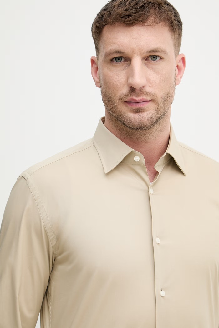 BOSS cămașă bărbați din bumbac cu elastan H-HANK-kent-C1-214 bej 50469345