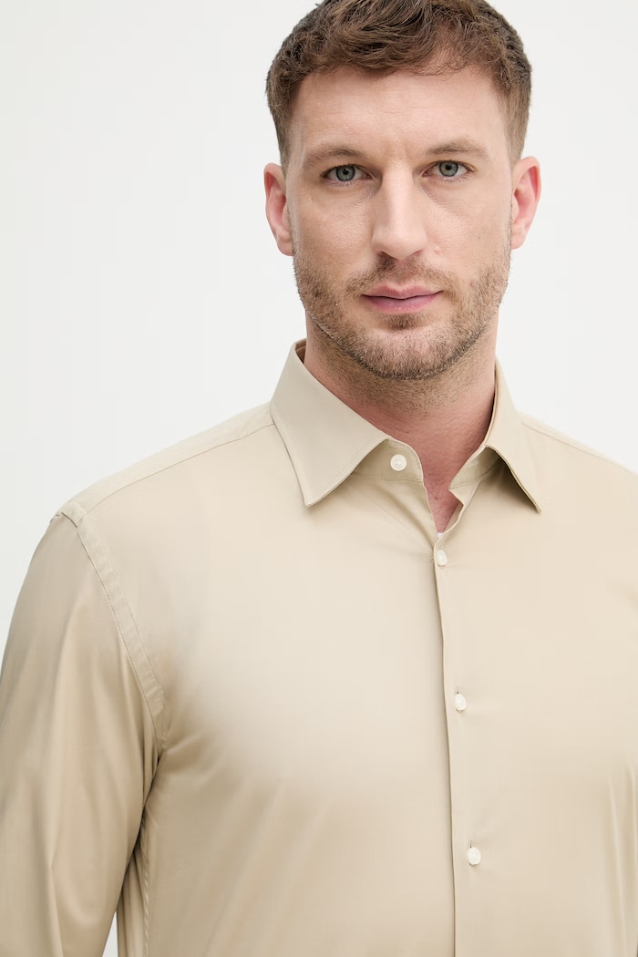 BOSS cămașă bărbați din bumbac cu elastan H-HANK-kent-C1-214 bej 50469345
