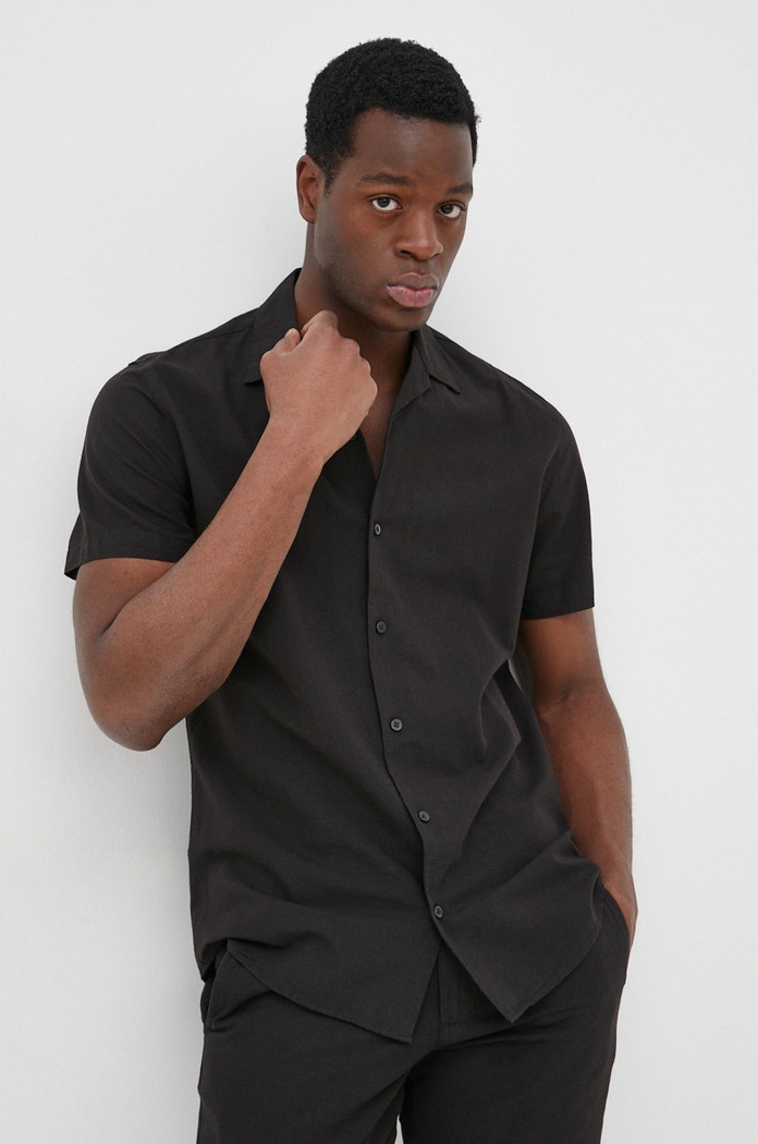 Selected Homme camasa din amestec de in scurt negru 16079055.Black