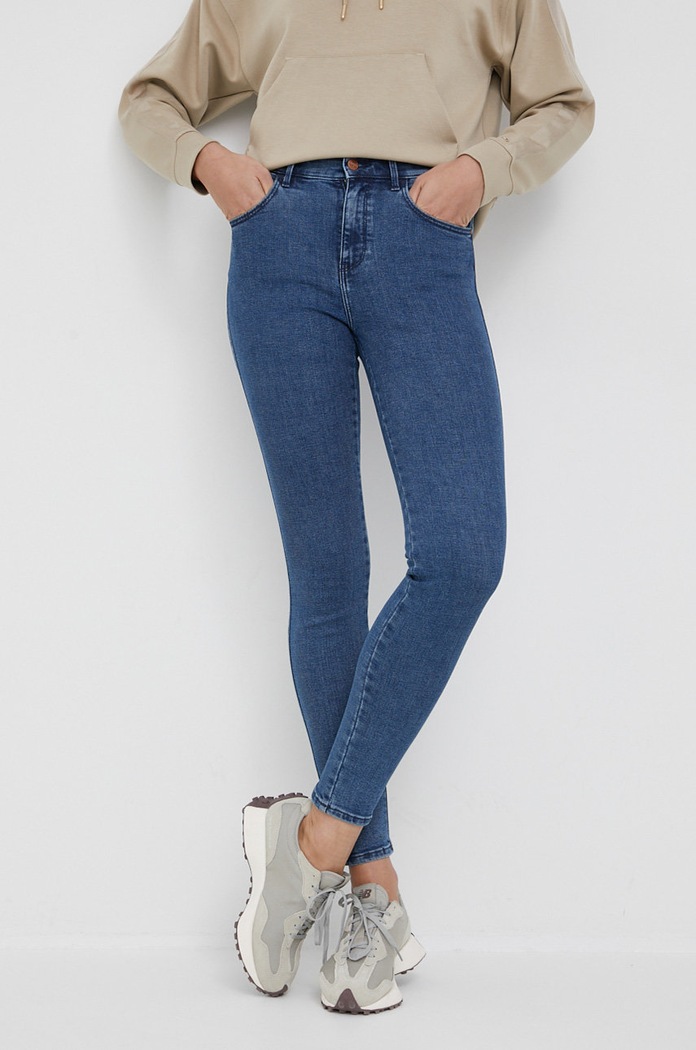 Wrangler jeansy HIGH RISE SKINNY INDIGO SEA Planet friendly granatowy W27HVH40Z