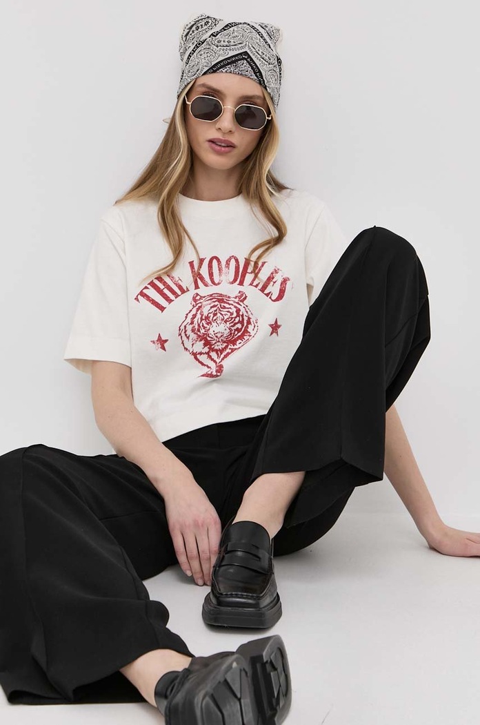 Bavlněné tričko The Kooples kulatý béžová FTSC24020K