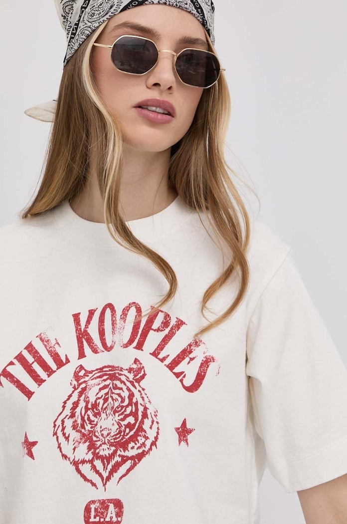 Bavlněné tričko The Kooples béžová FTSC24020K