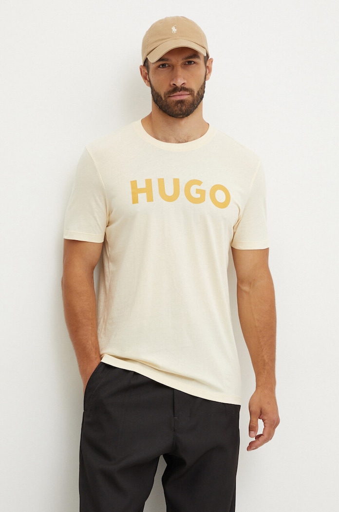 HUGO T-shirt męski bawełniany Dulivio nadruk żółty 50467556