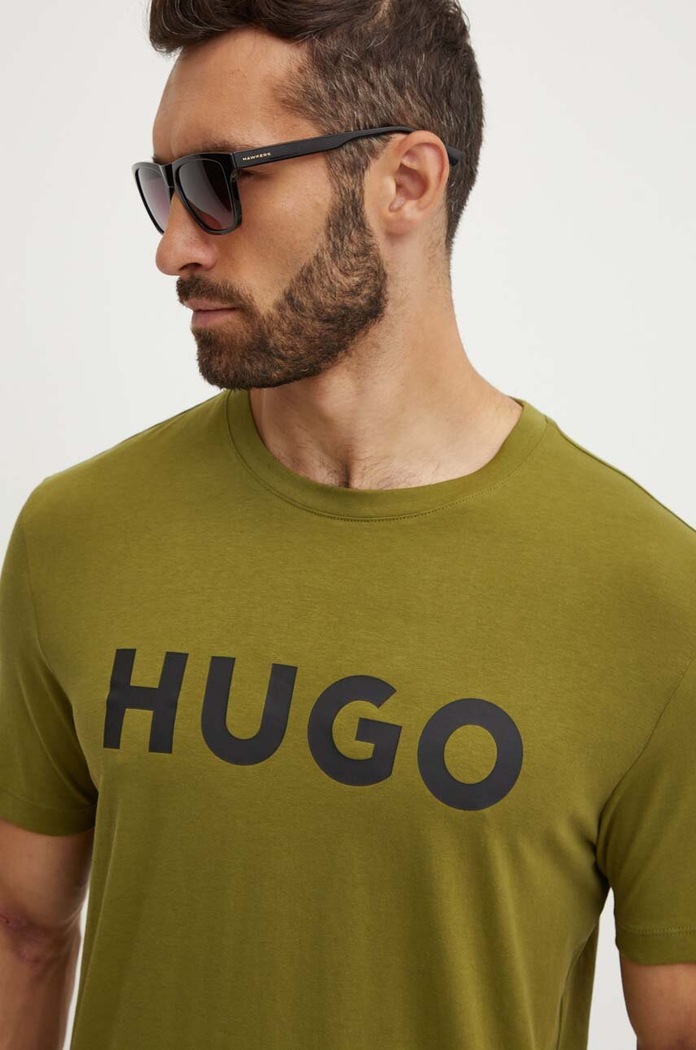HUGO T-shirt męski bawełniany Dulivio nadruk zielony 50467556