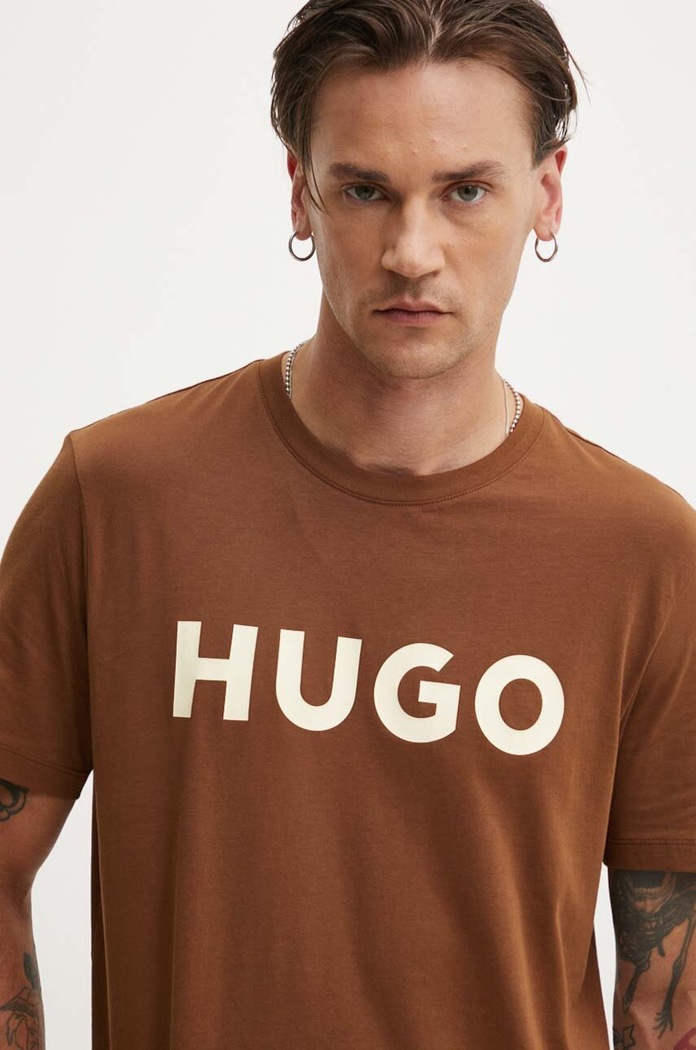HUGO T-shirt męski bawełniany Dulivio nadruk brązowy 50467556