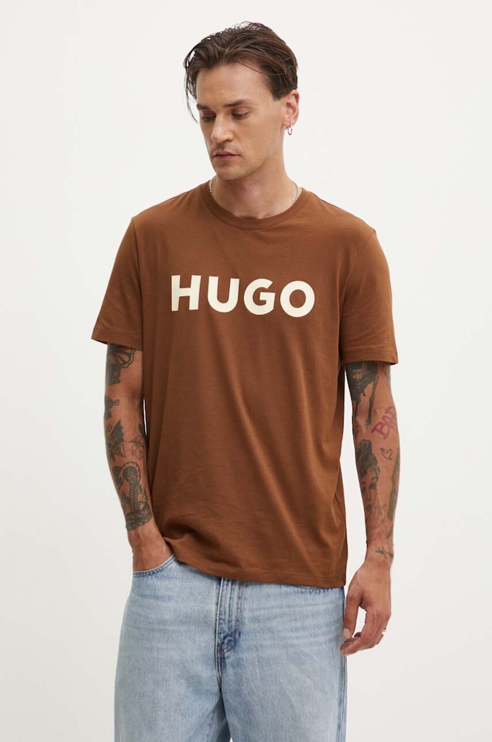 HUGO T-shirt męski bawełniany Dulivio brązowy 50467556