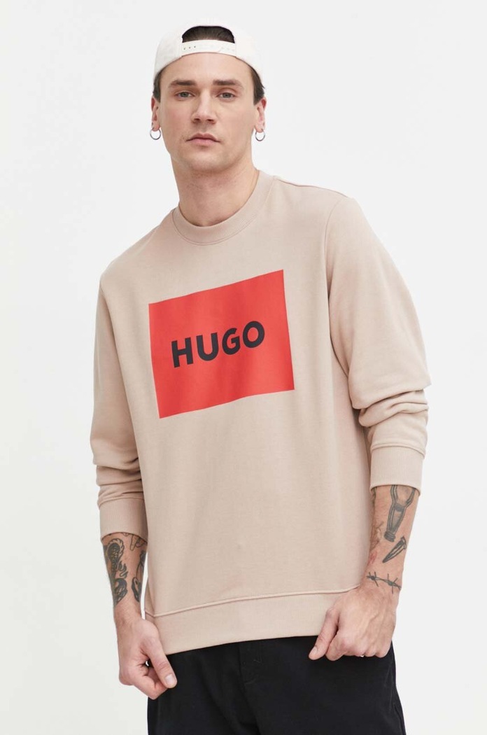 Bavlněná mikina HUGO bez kapuce béžová 50467944