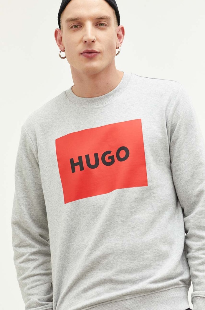 Βαμβακερή μπλούζα HUGO χωρίς κουκούλα γκρί 50467944