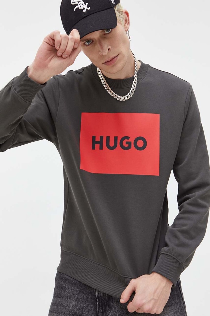 Βαμβακερή μπλούζα HUGO χωρίς κουκούλα γκρί 50467944