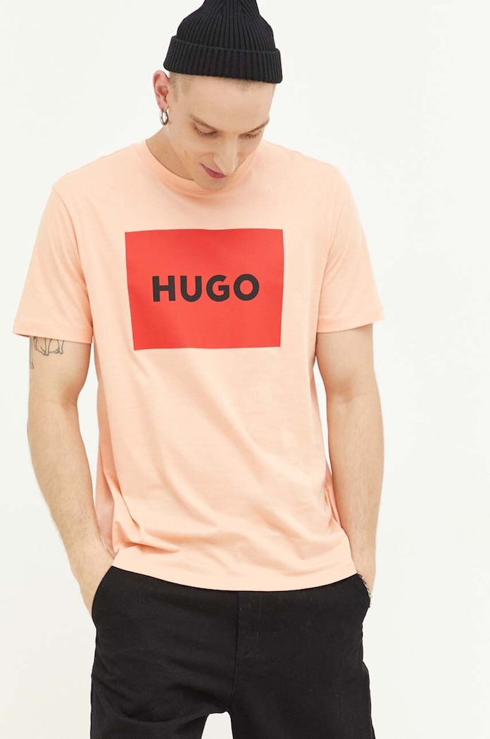 HUGO t-shirt bawełniany Dulive222 nadruk pomarańczowy 50467952