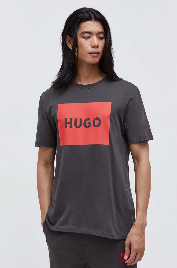 Βαμβακερό μπλουζάκι HUGO San Jared-C στάμπα γκρί 50467952