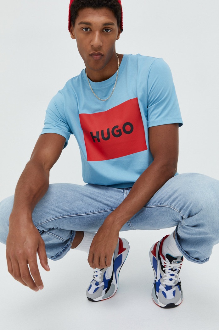 HUGO t-shirt bawełniany Dulive222 nadruk niebieski 50467952