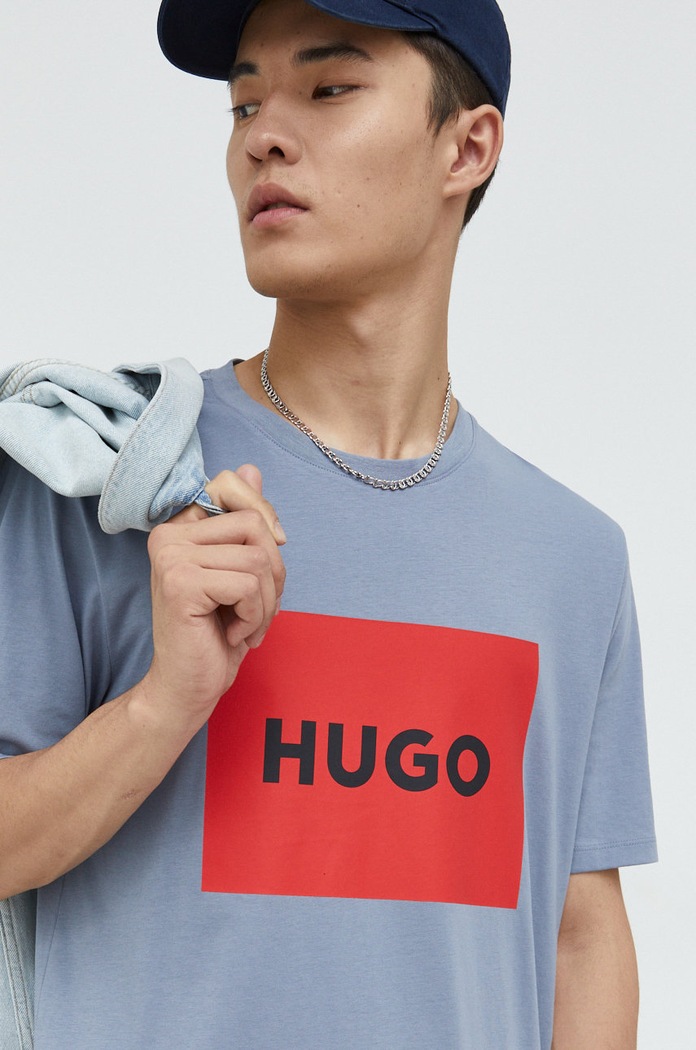 HUGO t-shirt bawełniany Dulive222 nadruk niebieski 50467952