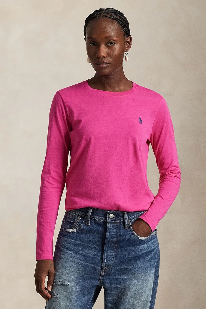 Bavlněné tričko s dlouhým rukávem Polo Ralph Lauren hladký růžová 211898699