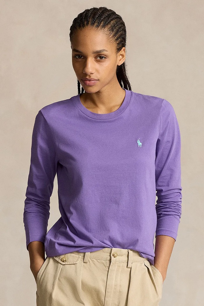 Bavlněné tričko s dlouhým rukávem Polo Ralph Lauren hladký fialová 211898699