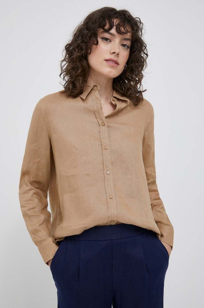 United Colors of Benetton koszula lniana regular beżowy 5BMLDQ02U.193