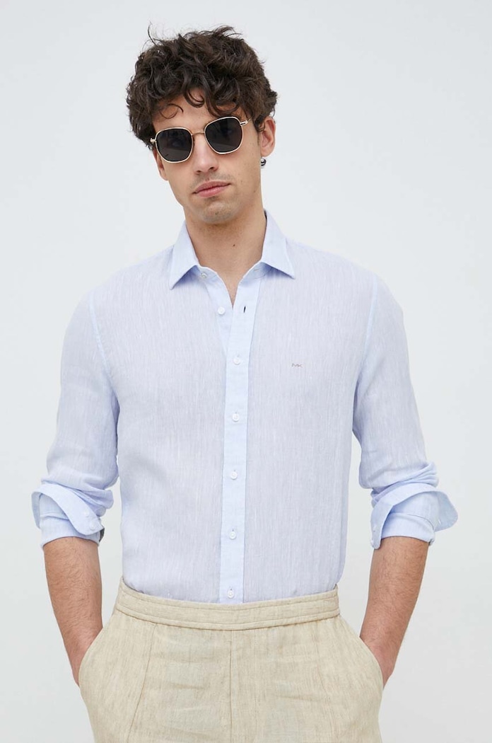Oblečení Michael Kors košile pánská lněná MK0DS01099 modrá