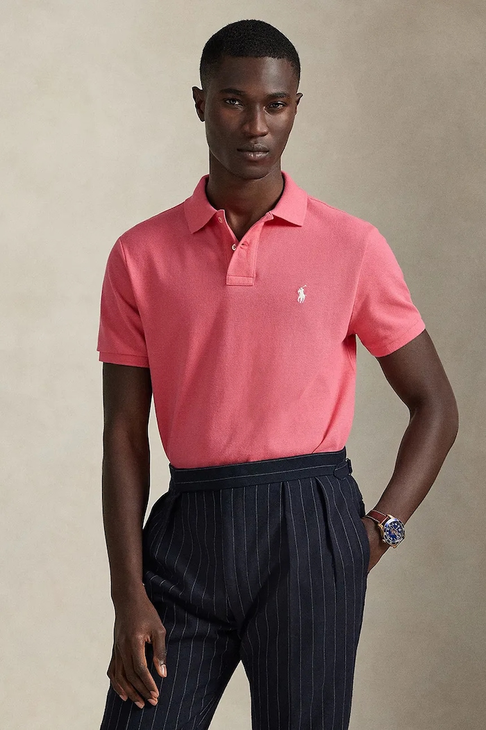 Βαμβακερό μπλουζάκι πόλο Polo Ralph Lauren slim ροζ 710782592
