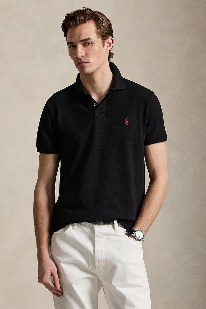 Βαμβακερό μπλουζάκι πόλο Polo Ralph Lauren slim μαύρο 710782592
