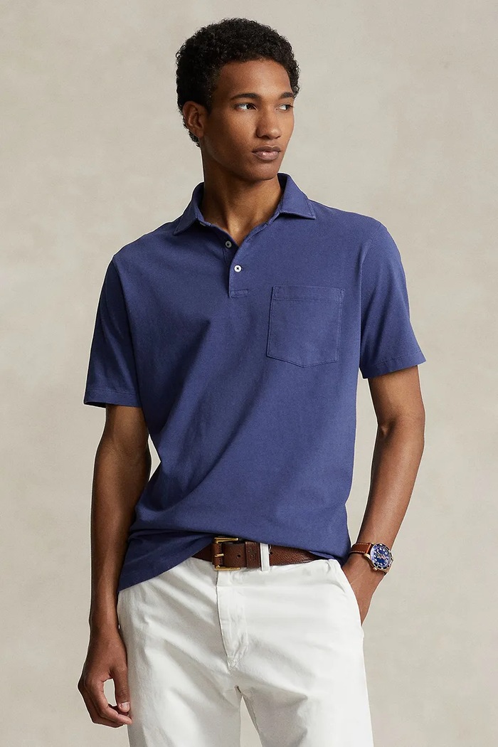 Тениска с яка лен Polo Ralph Lauren свободна тъмносин 710900790