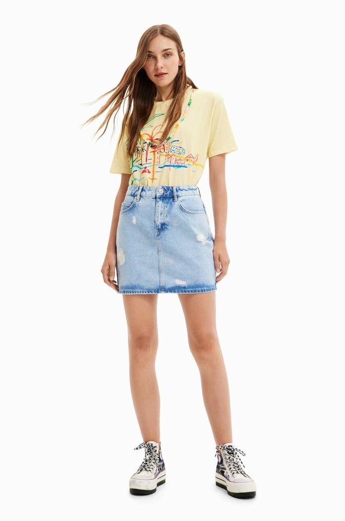 Desigual fustă din denim uni albastru 23SWFD08