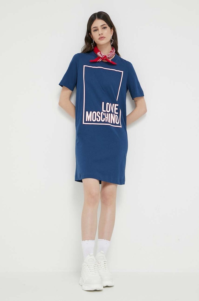 Love Moschino sukienka bawełniana nadruk granatowy W.5.A02.32.M.4405
