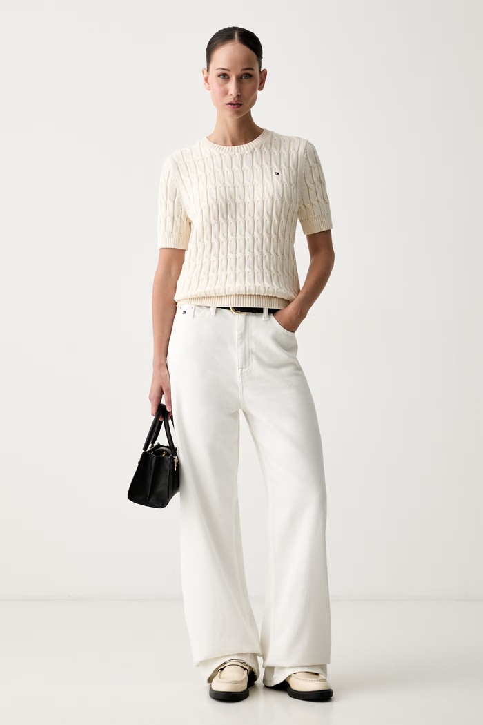 Tommy Hilfiger pulover kratkih rukava za žene od pamuka WW0WW38744.PPYX bež SS25