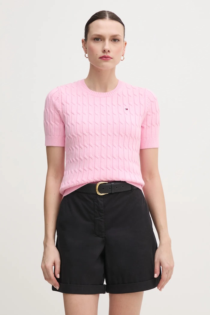 Tommy Hilfiger maglione in cotone a maglia fine rosa WW0WW38744.PPYX