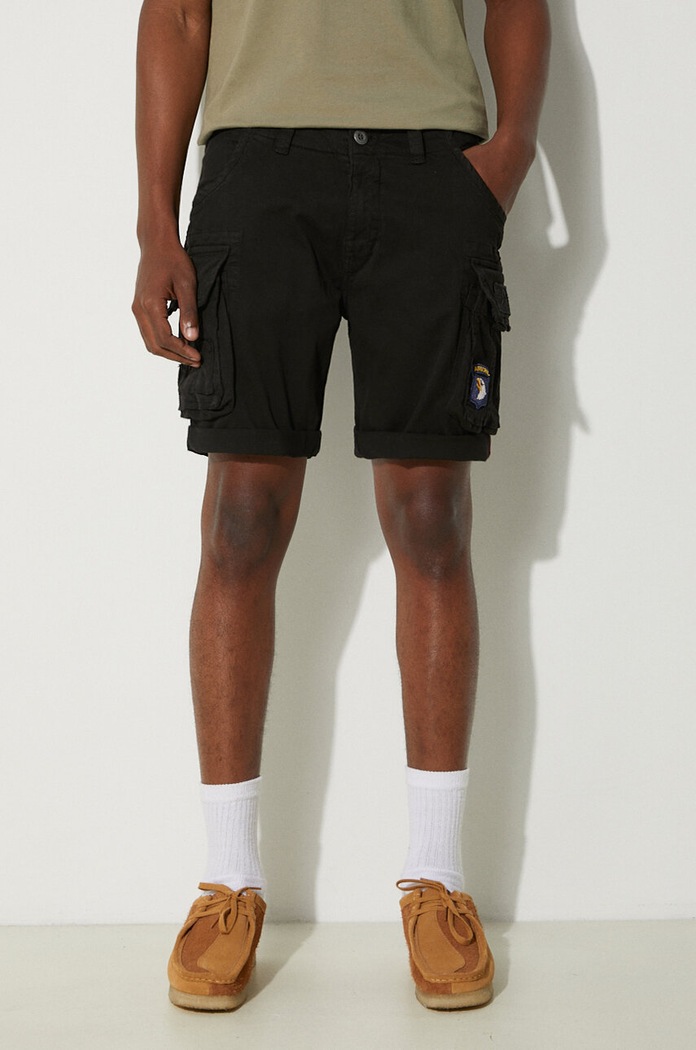 Alpha Industries Pantaloni scurți cargo din bumbac cu elastan pentru bărbați cu elastan negru 186209