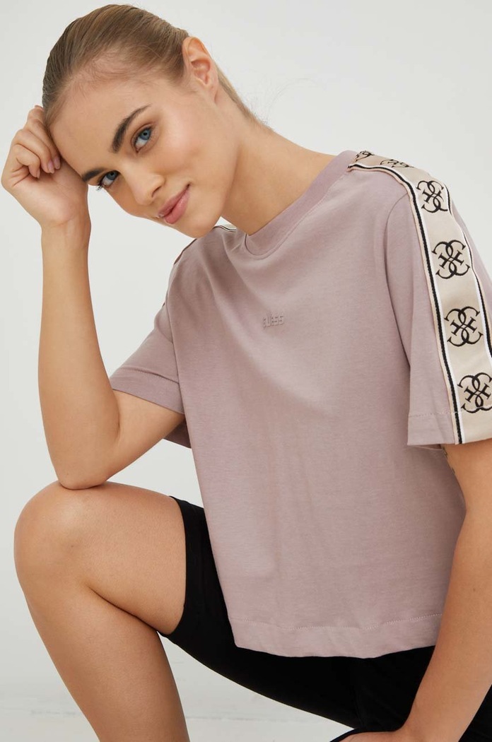 Βαμβακερό μπλουζάκι Guess στάμπα μωβ V3RI08.I3Z14