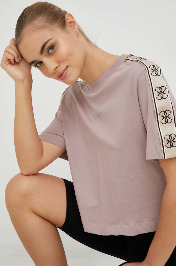 Βαμβακερό μπλουζάκι Guess στάμπα μωβ V3RI08.I3Z14
