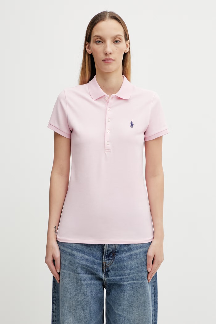 Тениска с яка Polo Ralph Lauren вталена розов 211870245
