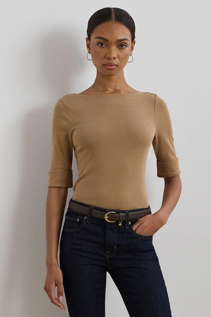 Lauren Ralph Lauren tričko dámske s bavlnou jednofarebný béžová 200654963