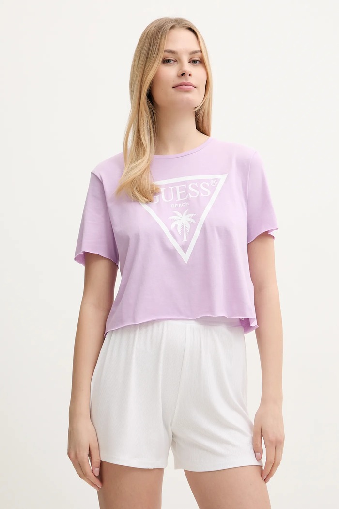 Памучна тениска Guess виолетов E02I01.JA914