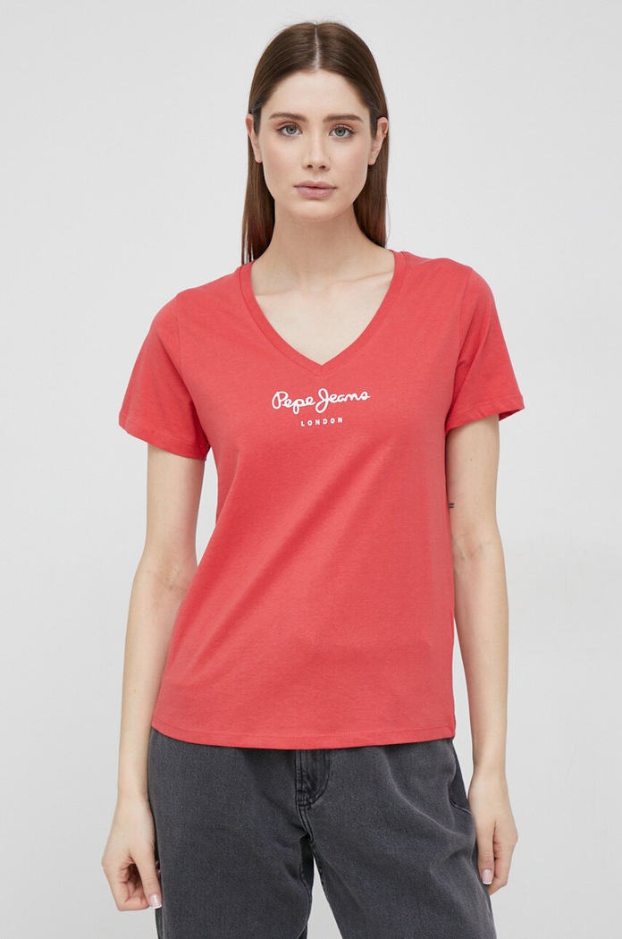 Βαμβακερό μπλουζάκι Pepe Jeans Wendy V Neck PL505482.217 κόκκινο SS23