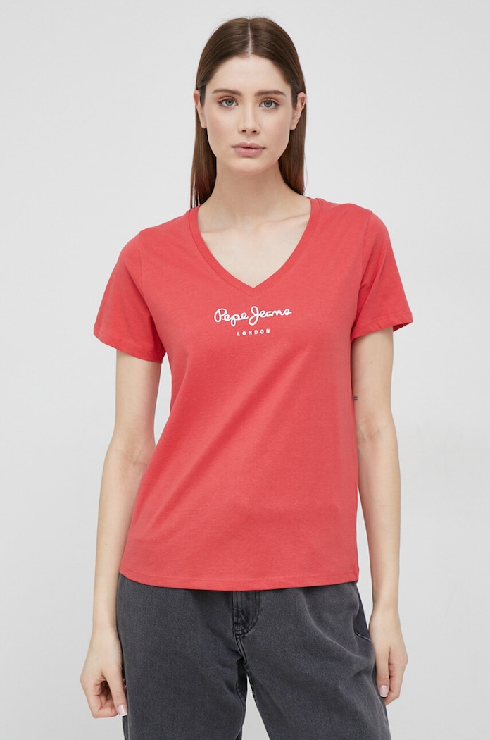 Βαμβακερό μπλουζάκι Pepe Jeans Wendy V Neck PL505482.217 κόκκινο SS23