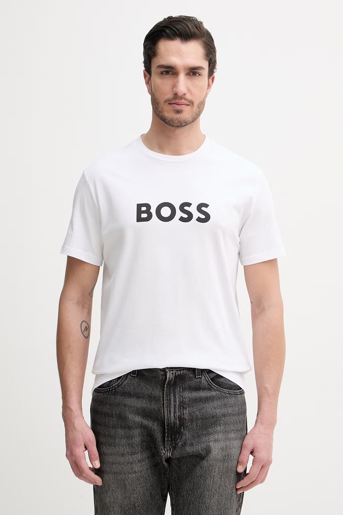 BOSS T-Shirt RN męski bawełniany nadruk biały 50491706
