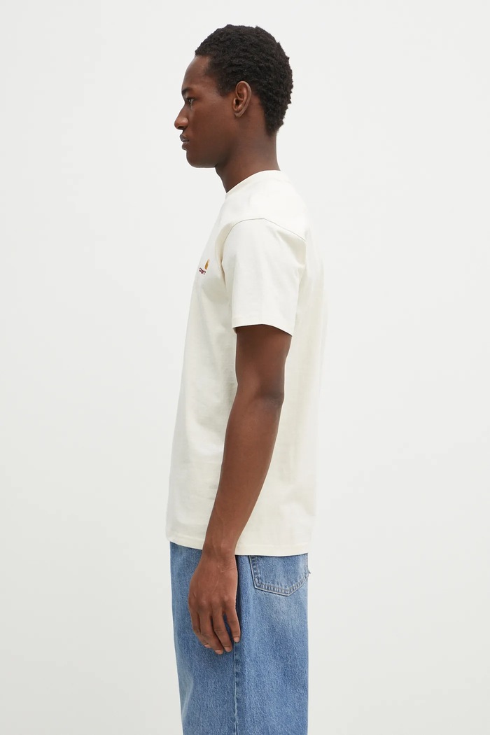 Памучна тениска Carhartt WIP American Script I029956 бежов AW25