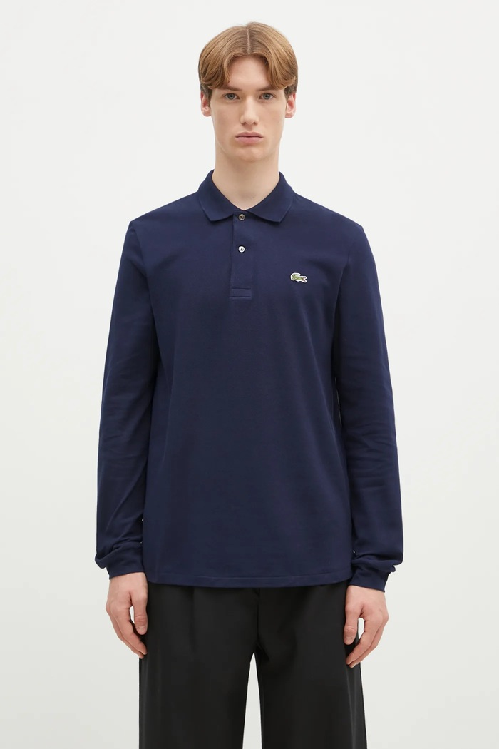 Bavlněné tričko s dlouhým rukávem Lacoste regular námořnická modř L1312.166
