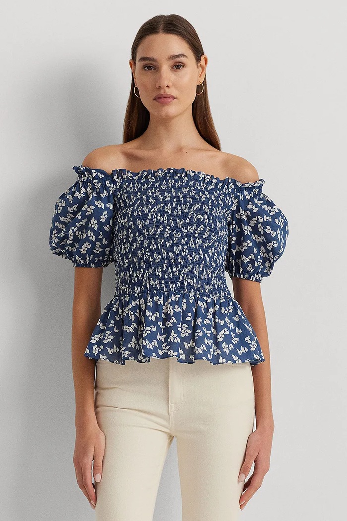 Бавовняна блузка Lauren Ralph Lauren візерунок блакитний 200932963