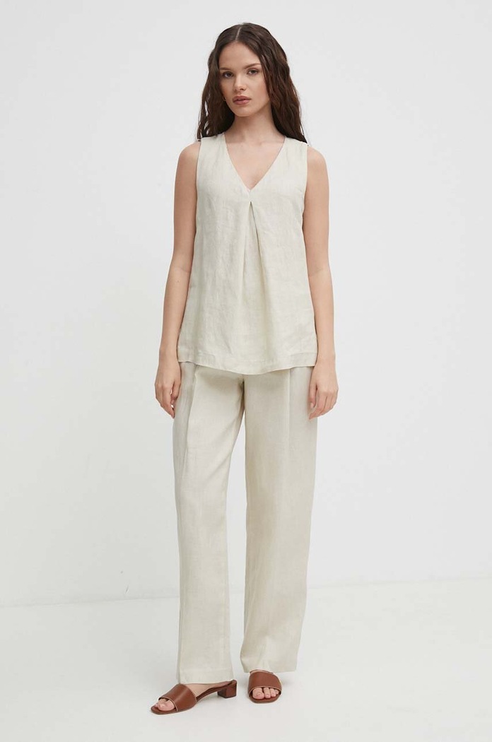 United Colors of Benetton bluzka lniana 5BMLDQ06W beżowy SS25