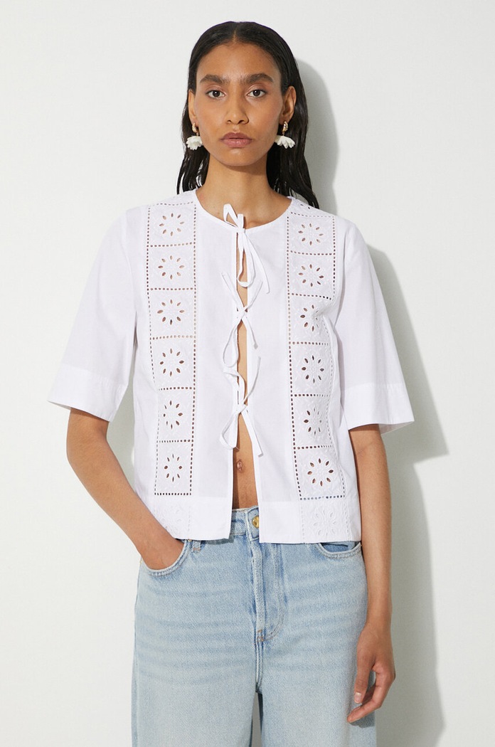 GANNI koszula bawełniana Broderie Anglaise Tie Blouse gładkie biały F9655