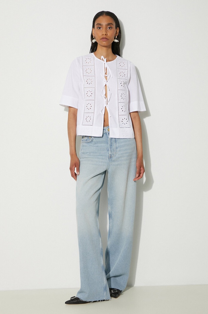 GANNI koszula bawełniana Broderie Anglaise Tie Blouse F9655 biały SS24