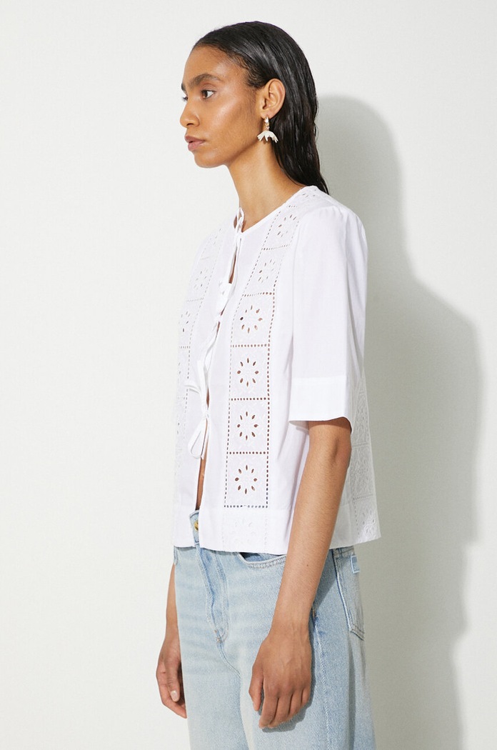 GANNI koszula bawełniana Broderie Anglaise Tie Blouse biały F9655