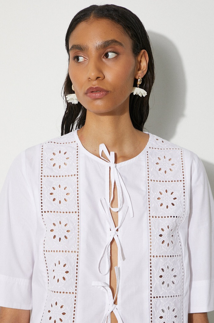 GANNI koszula bawełniana Broderie Anglaise Tie Blouse F9655 biały