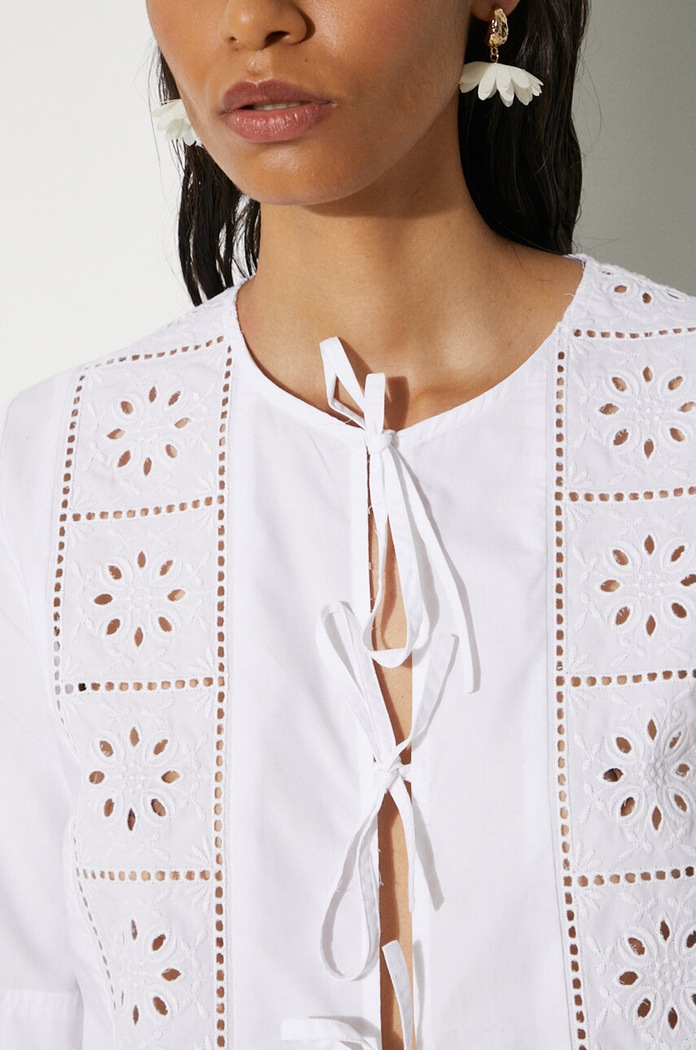 GANNI koszula bawełniana Broderie Anglaise Tie Blouse F9655