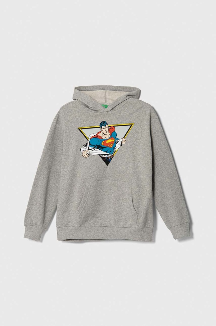 Dětská bavlněná mikina United Colors of Benetton x DC s kapucí šedá 3J68C203M.G.Seasonal
